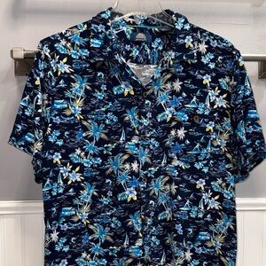 Navy Tropical Print Short-Sleeve Button-Down Shirt